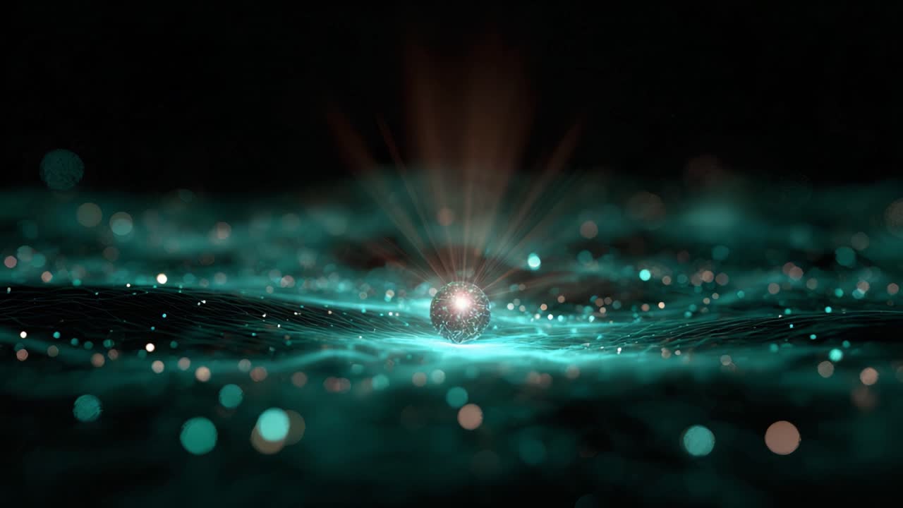 Un'esplorazione visiva accattivante di luce ed energia emanata da una sfera centrale in un ambiente fluido ipnotico, che illustra l'interazione tra movimento cinetico e luminescenza