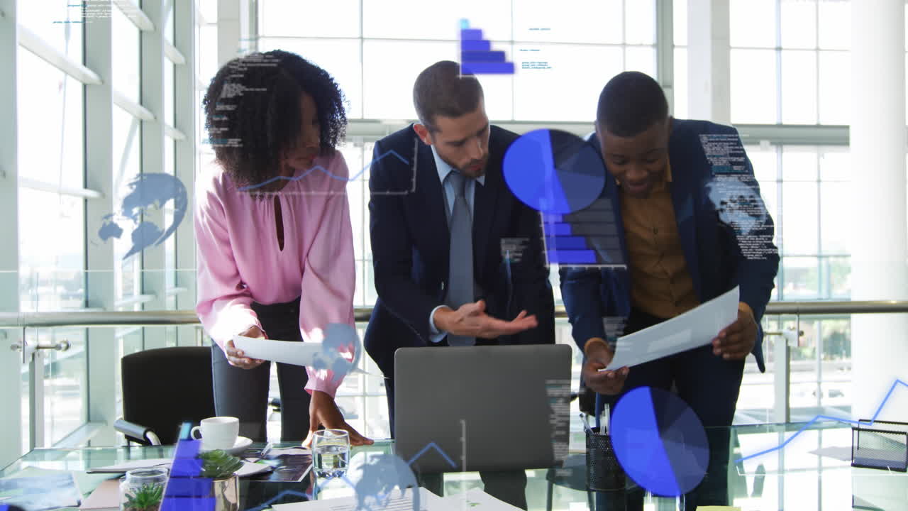 Animation of financial data processing over diverse business people in office