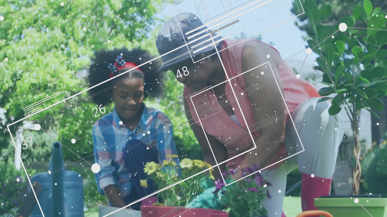 Woman scooping soil and placing plant with girl watering amid numeric graphics for education