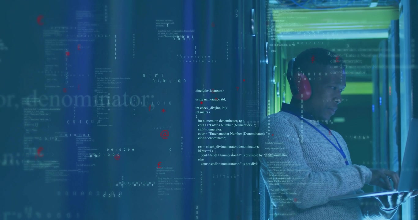 Flytende kodeoverlegg avslører IT-tekniker som sjekker servere mens han skanner logger og taster kommandoer