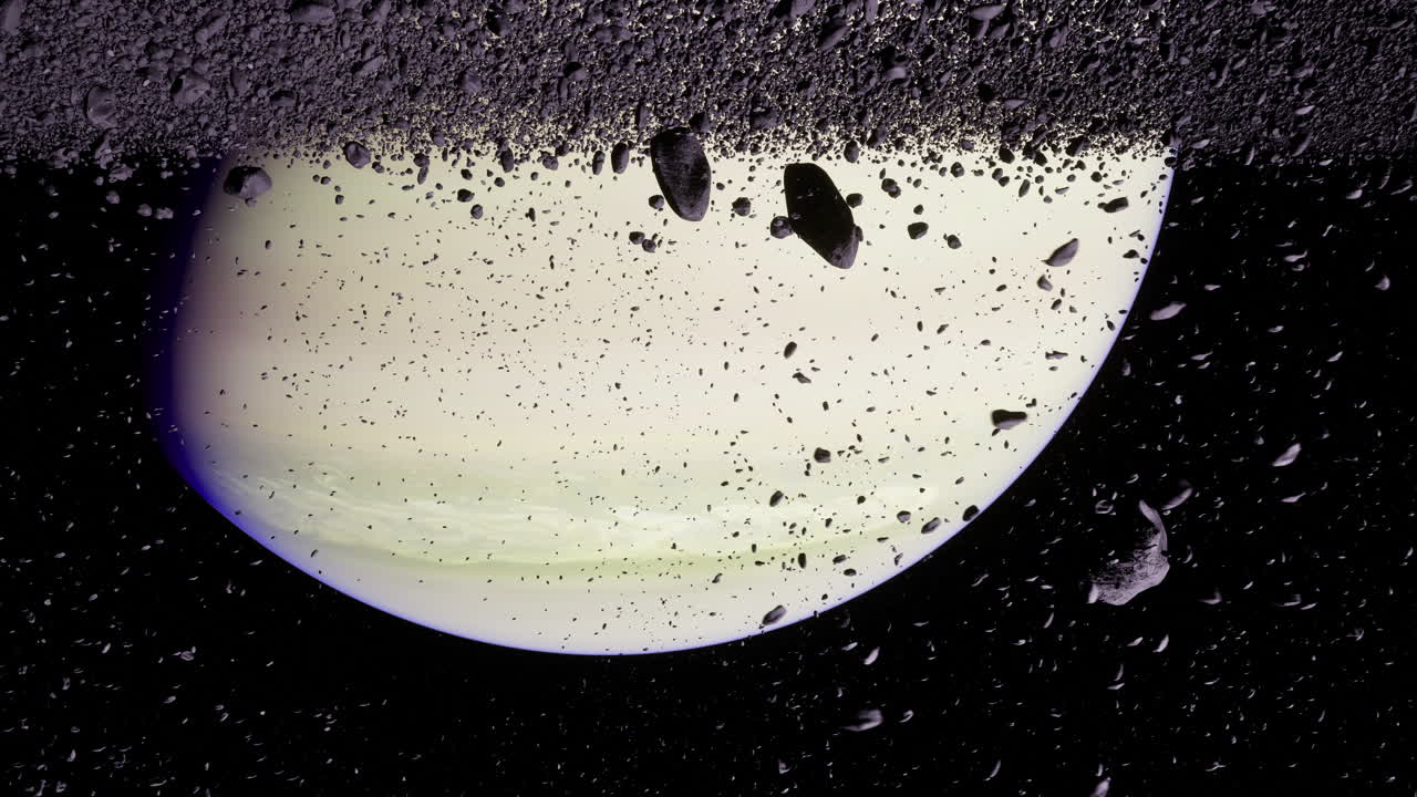 Asteroids and rings surround distant planet in deep space view