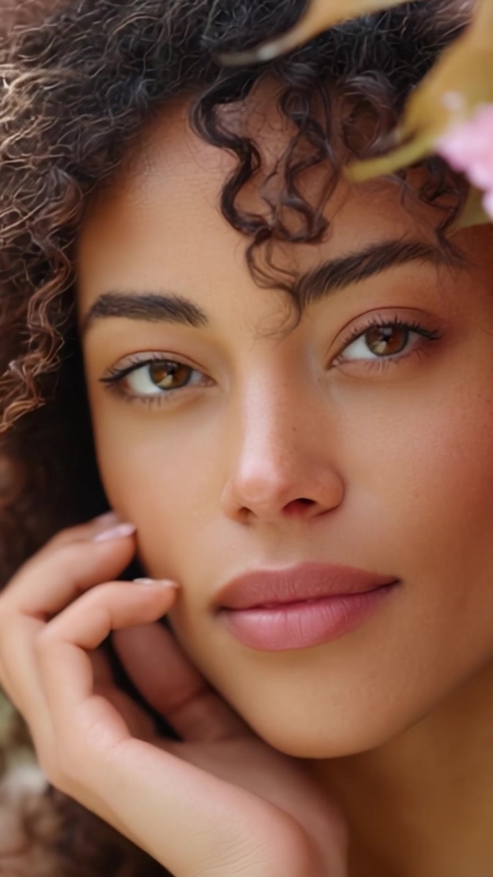 Retrato Cativante de uma Jovem Mulher com Cabelo Cacheado, Expressões Suaves e Beleza Natural, Rodeada por Elementos Florais em um Cenário Sereno.