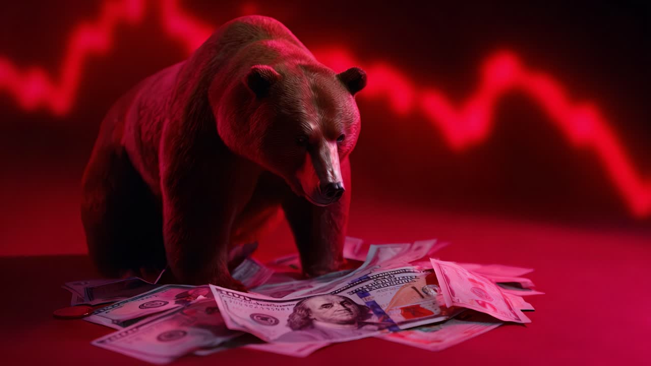 A Symbolic Depiction of Market Downturns: A Bear Stands Amongst Stacks of Currency, Highlighting Financial Uncertainty and Economic Challenges in a Dramatic Red-Toned Setting
