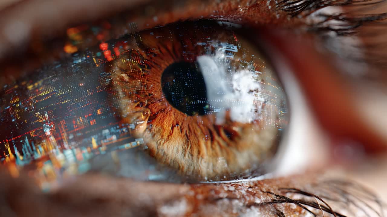 A Captivating Close-Up of a Human Eye Reflecting a Digital Landscape, Combining Natural Beauty with High-Tech Visual Complexity and Intriguing Patterns