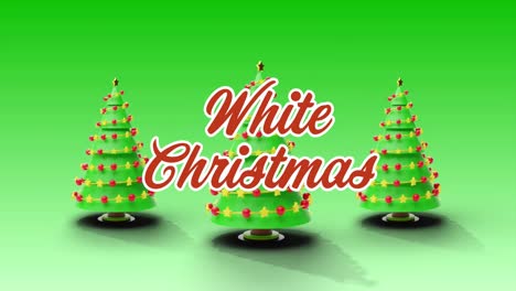 Animation-of-christmas-greetings-text-over-christmas-trees-on-green-background