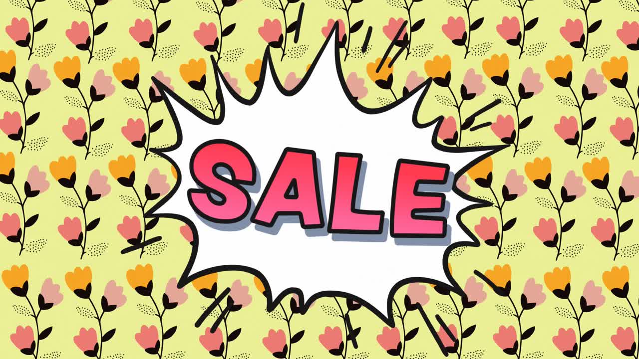 음성 거품 위의 뜨거운 판매 텍스트의 애니메이션과 최면 운동으로 움직이는 꽃