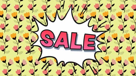 animación de texto de venta caliente sobre burbuja de habla y flores que se mueven en movimiento hipnótico
