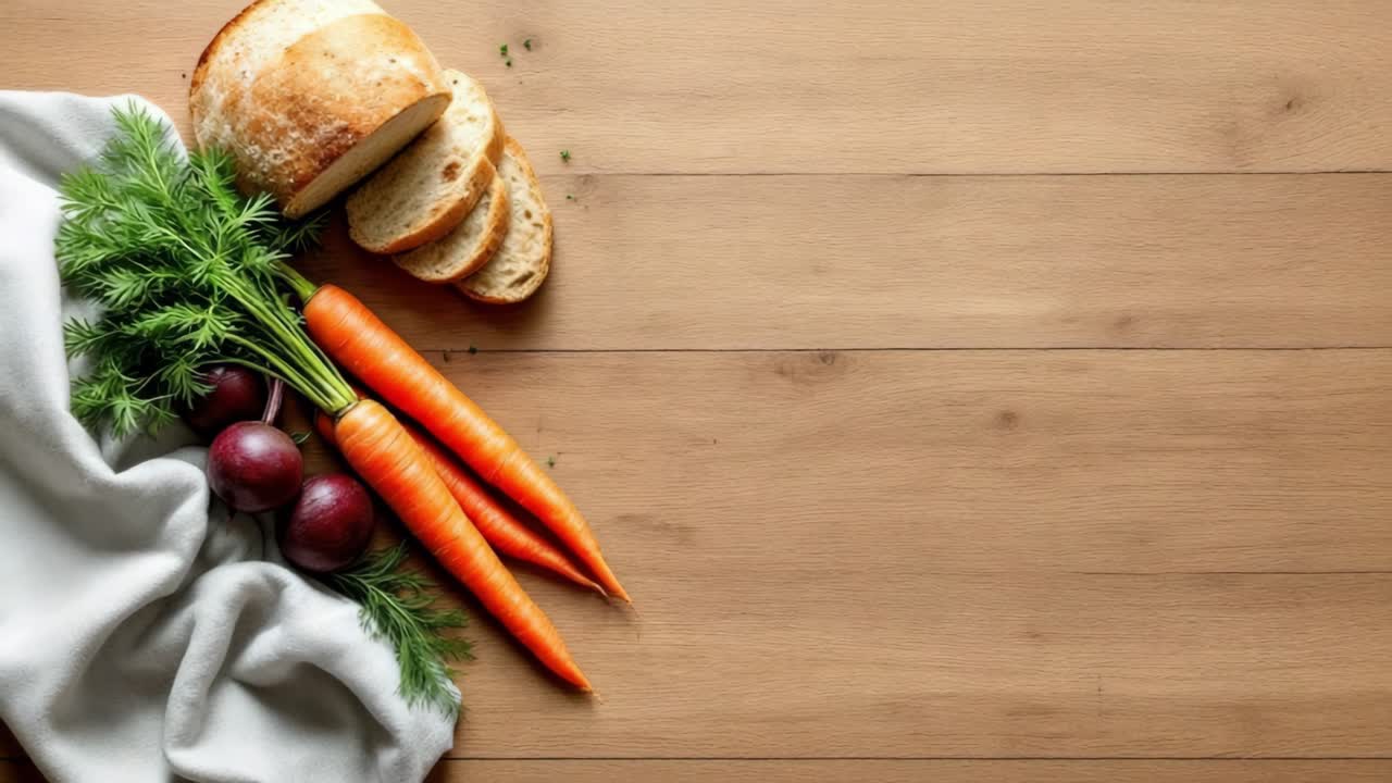 Rustic wooden surface featuring freshly baked bread, vibrant carrots, beetroot, and fragrant dill in wholesome composition