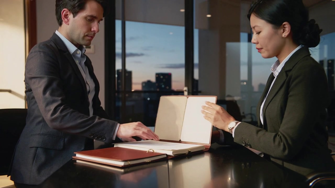 Aprendo un raccoglitore, un uomo in abito e una donna in blazer esaminano le pagine per una revisione in ufficio, con un quaderno chiuso