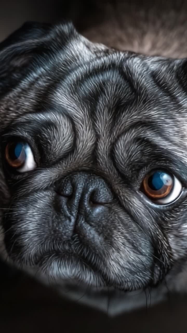 Close-up Cativante de um Pug Adorável com Expressões Intensas e Bela Textura de Pelagem, Ilustrando as Características Únicas e o Charme Desta Raça Amada