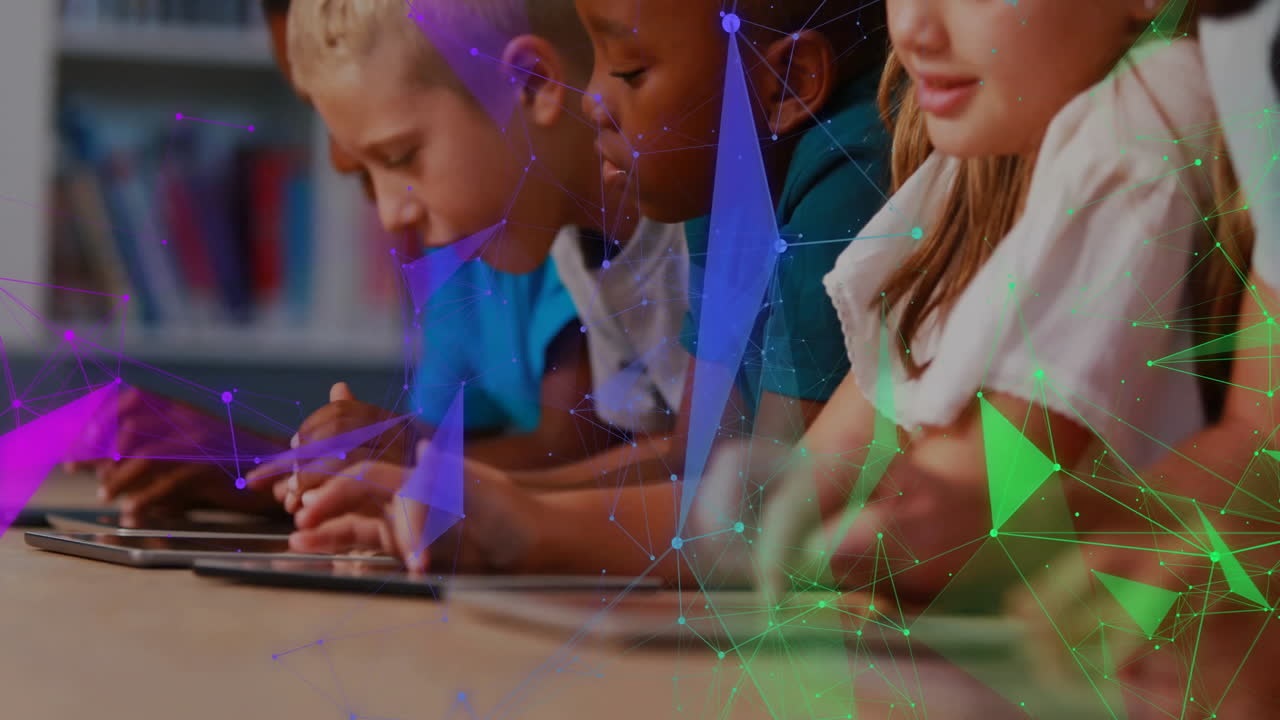 In school, children using tablets with animation showing digital network connections