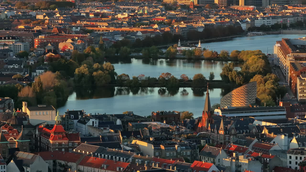 Aerial drone view of the Lakes curving around the western margin of the city centre of Copenhagen, Denmark
