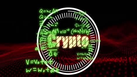 animation of mathematical equations over spots and crypto text on black background