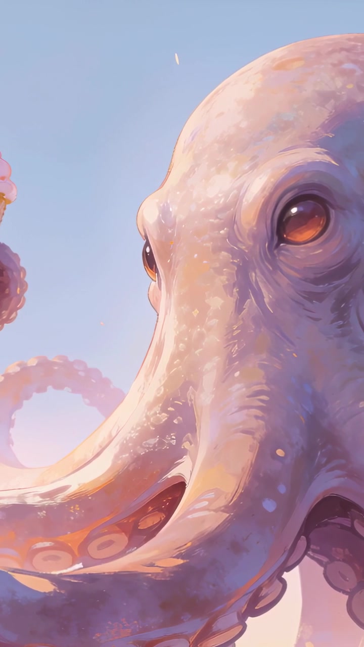 Video verticale: Polpo in loop che tiene un cono gelato rosa nel cielo blu, muovendo i tentacoli.