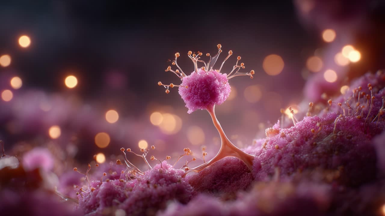 Un gros plan d’un monde microbien vibrant : exploration de la beauté et de la complexité complexes de la croissance fongique dans un habitat multicolore avec des accents lumineux