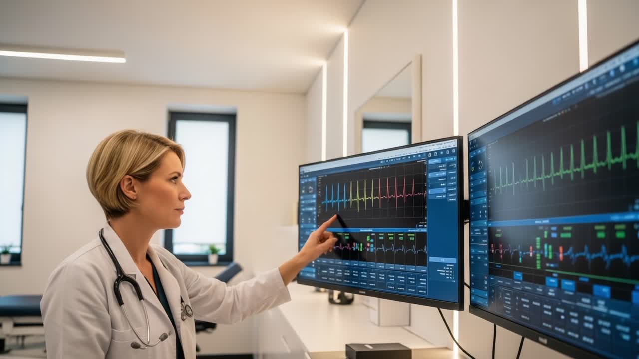 Healthcare Professional Analyzing Cardiac Monitors in a Modern Medical Suite, Focusing on Patient Vital Signs and Electronic Health Data Management