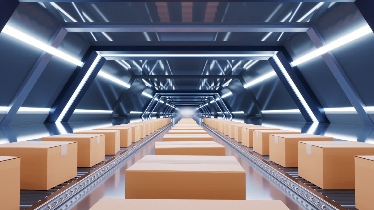 caja de embalaje y cinta transportadora, renderización en 3d.