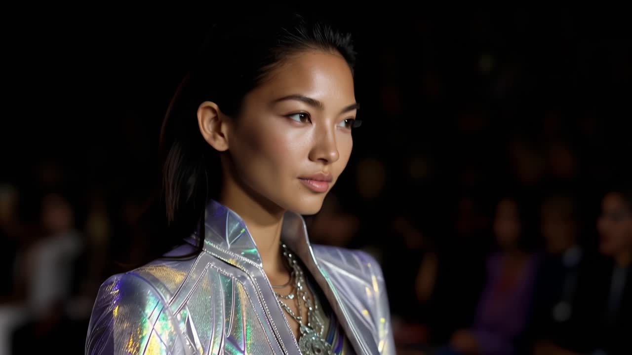 Model wears shimmering metallic jacket, poised on runway. Her expression calm, confident, focused on audience. Light reflects off fabric, creating dynamic, iridescent glow. Ideal for fashion, luxury