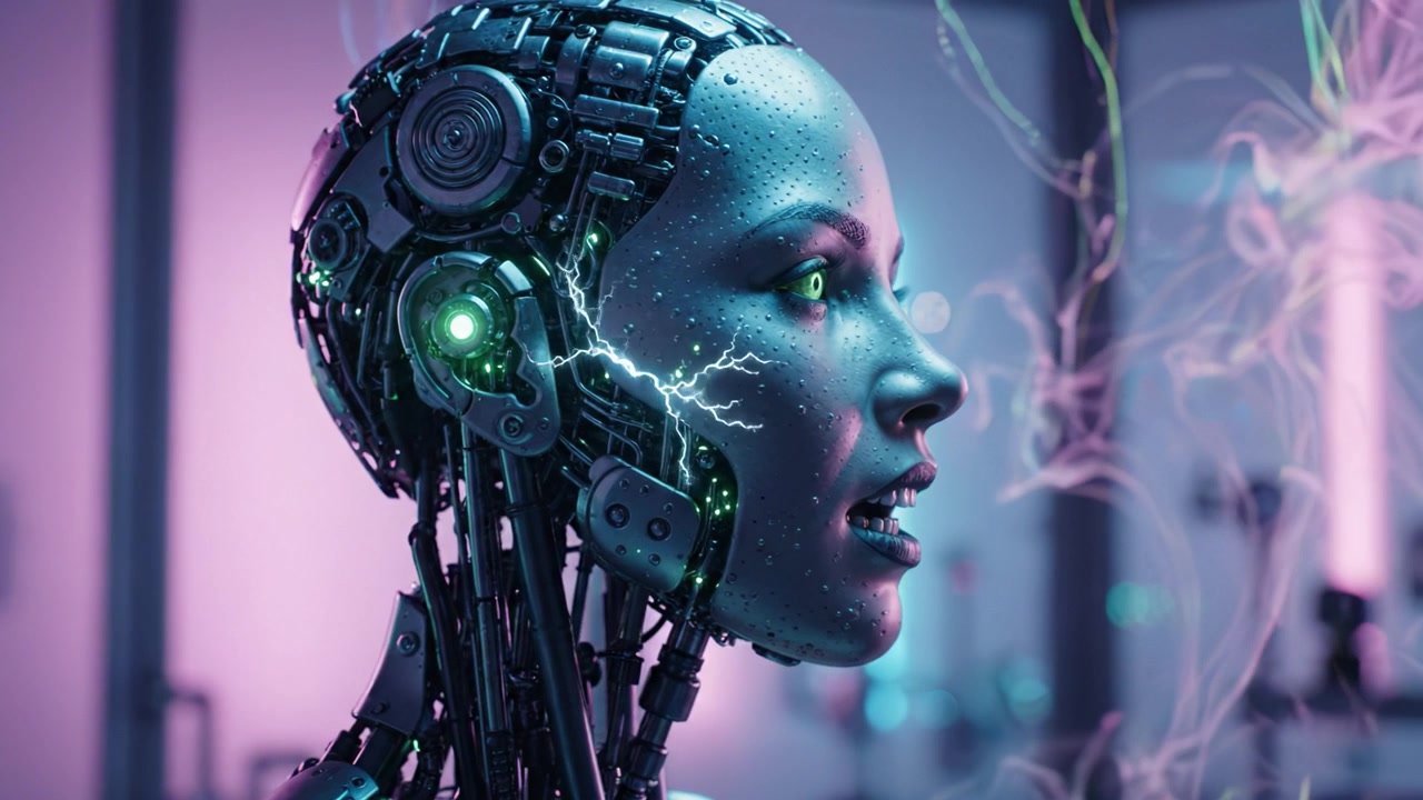 Evoluzione Robotica Futuristica: Una transizione mozzafiato di un essere cibernetico con pelle elettrificata ed espressione intensa, catturata in una rappresentazione visiva fantascientifica.