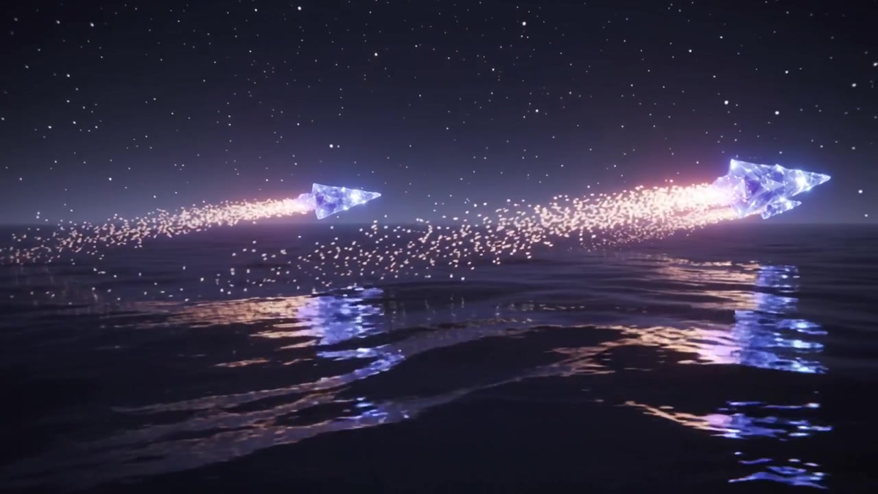 Igniting crystal arrowhead craft traversing calm sea horizon at night, leaving golden sparks