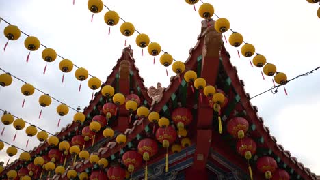 decorative red and yellow lanterns sways in the breeze in a chinese temple.