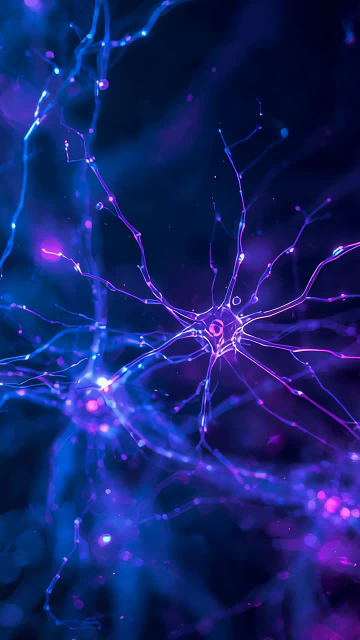 Vertical video: On start digital void neuron cell pulsing nodes along dendrites simulating impulses