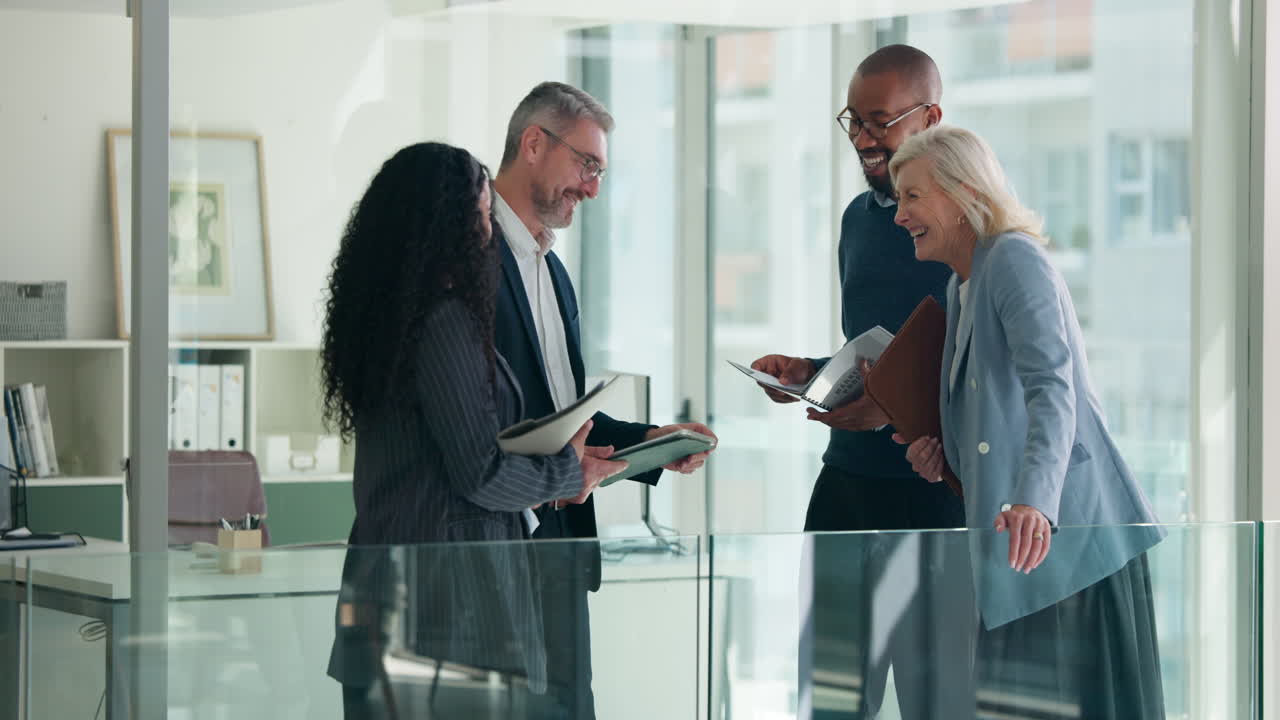 Diverse Business Team Collaborating and Discussing in Modern Office