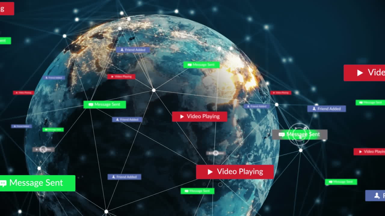 미디어 아이콘과 전 세계 연결 네트워크의 애니메이션