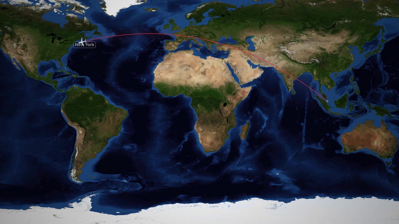 Satellite world map animation follows a plane icon traveling from Singapore to New York City