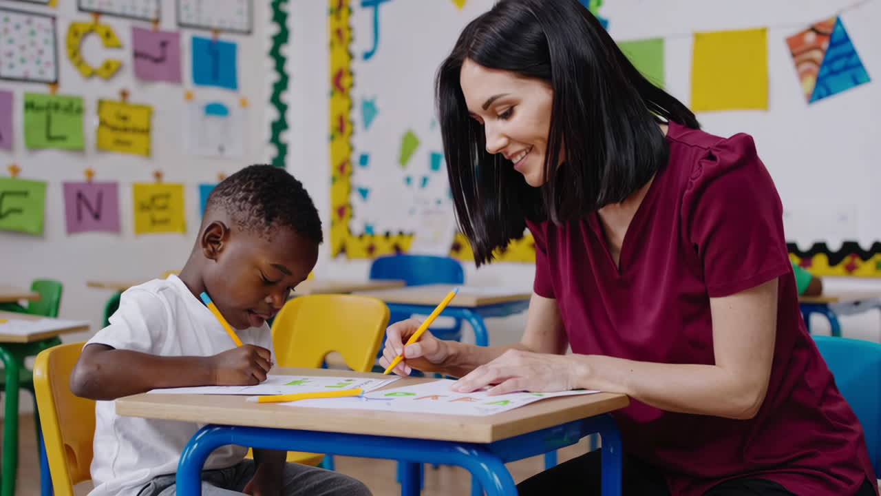 Teacher assisting student with drawing in classroom