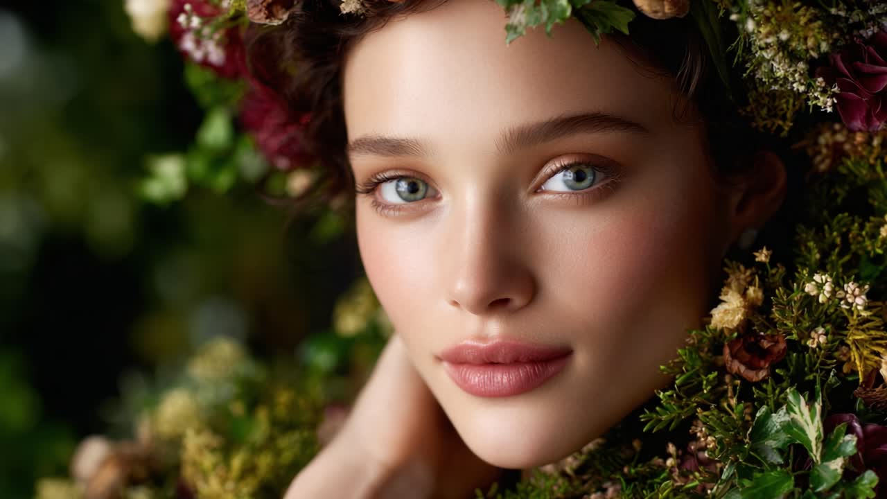 A Serene Portrait of a Young Woman Framed by Lush Botanical Elements, Capturing the Essence of Natural Beauty Under Soft Lighting