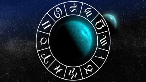 animation of circle with zodiac symbols over globes on black background