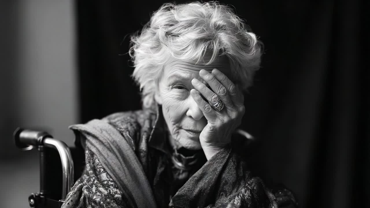 A poignant portrayal of an elderly woman expressing deep, contemplative emotions as she partially covers her face with her hand, embodying a moment of introspection and vulnerability captured in striking black and white