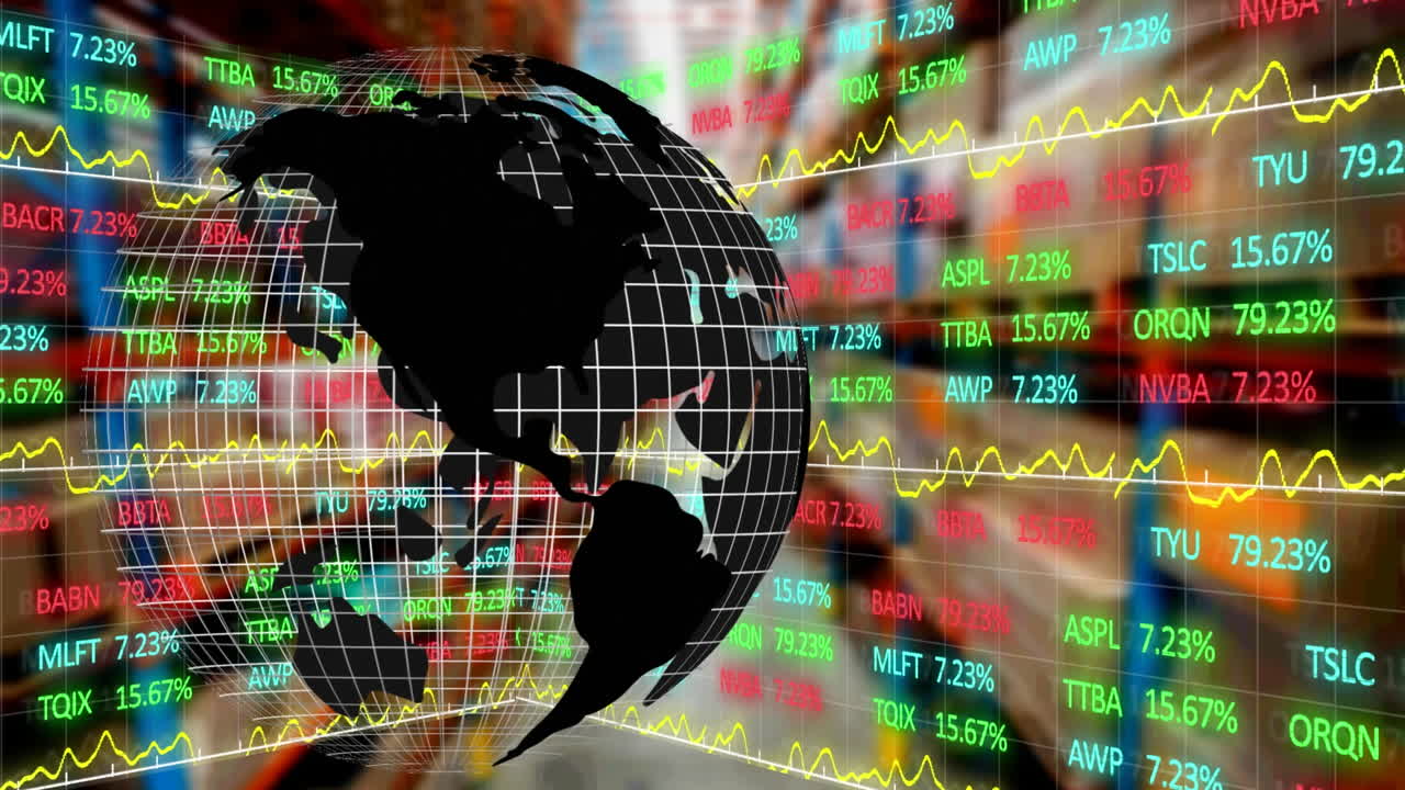 Animation of globe and financial data processing over warehouse