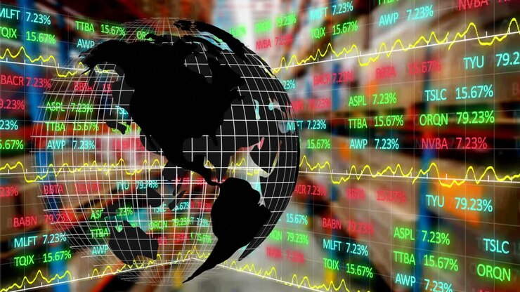 Animation of globe and financial data processing over warehouse