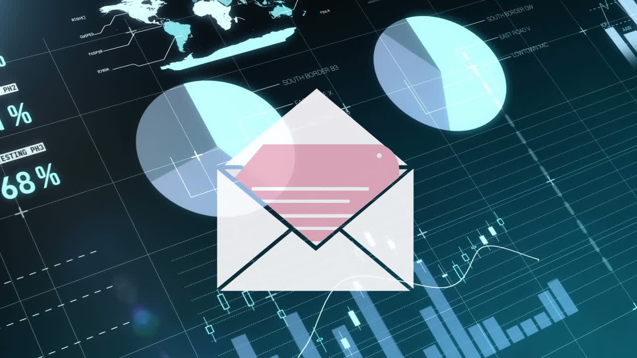 Animation of email icon over moving screen with digital data on black background