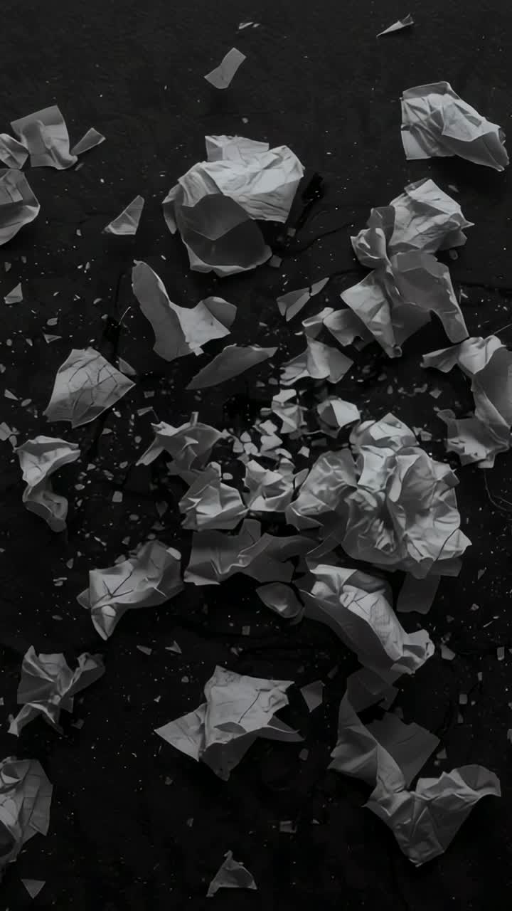Vertical video: Camera showing white crumpled paper fragments lying scattered on dark tabletop