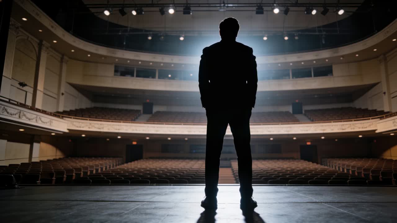 Shifting man in suit tucking hands in pockets onstage while spotlight growing, preparing to perform