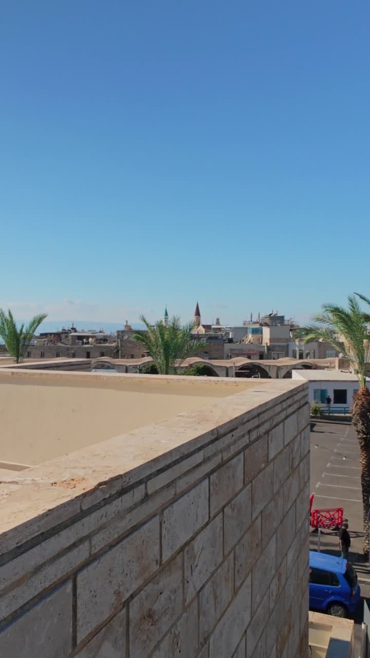 Scenic panoramic view of Old City Acre skyline with Al-Jazzar Mosque and palm trees