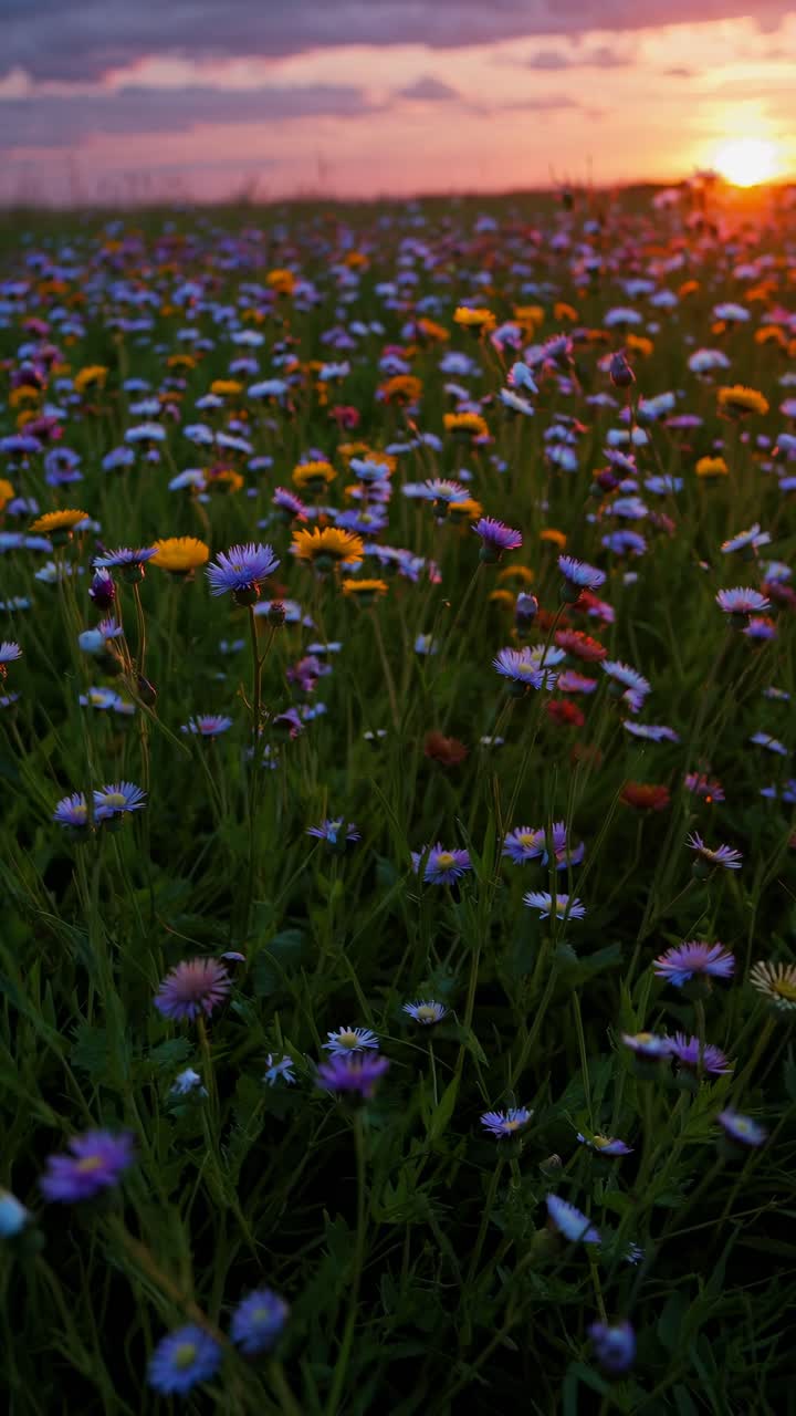 A low-angle video captures a vibrant field of wildflowers at sunset, highlighting the colorful