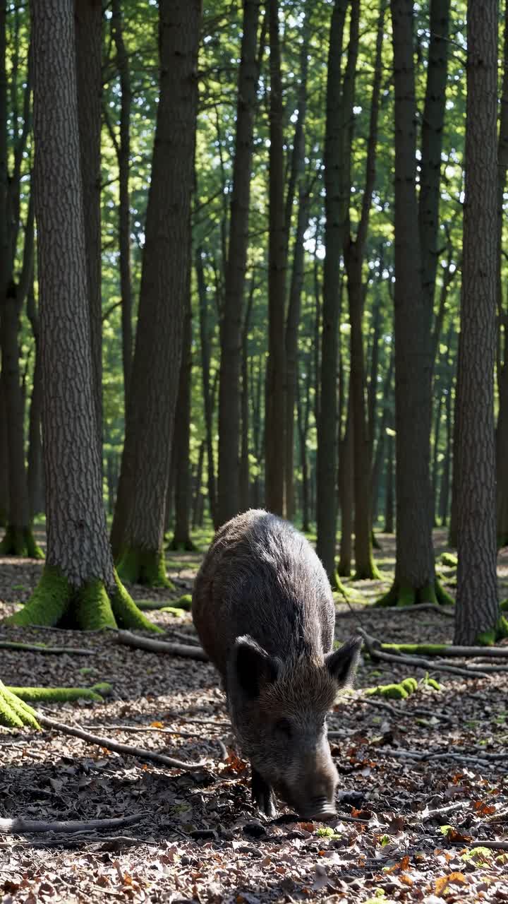 Un video ripreso dal basso cattura un cinghiale che cerca cibo in una foresta illuminata dal sole, evidenziando la serena bellezza naturale.