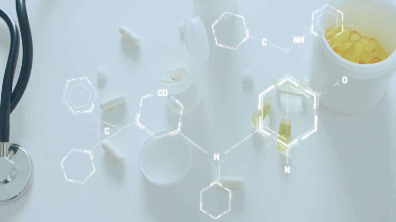 dna 줄무 다이어그램을 알약과 스테토스코프 위에서 애니메이션화합니다.