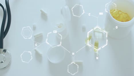 dna 줄무 다이어그램을 알약과 스테토스코프 위에서 애니메이션화합니다.