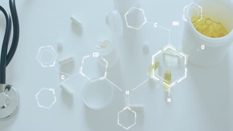 animation of dna strand diagrams over pills and stethoscope