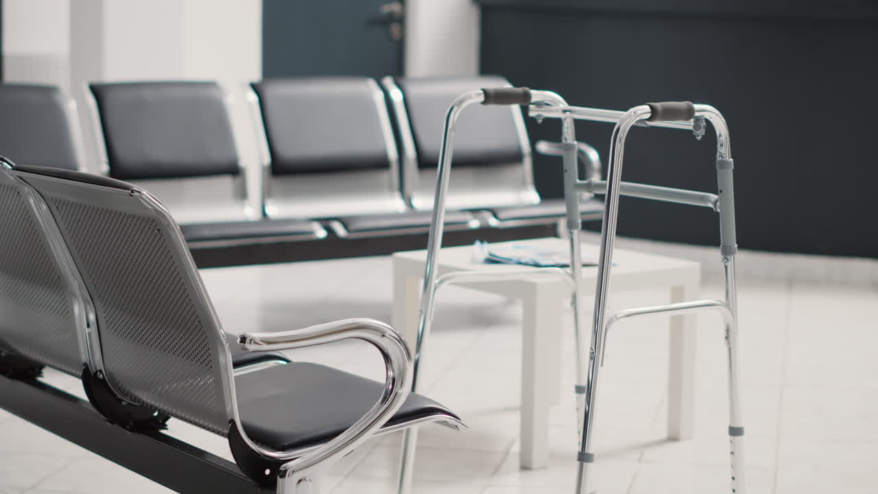 Walking frame in empty hospital lobby