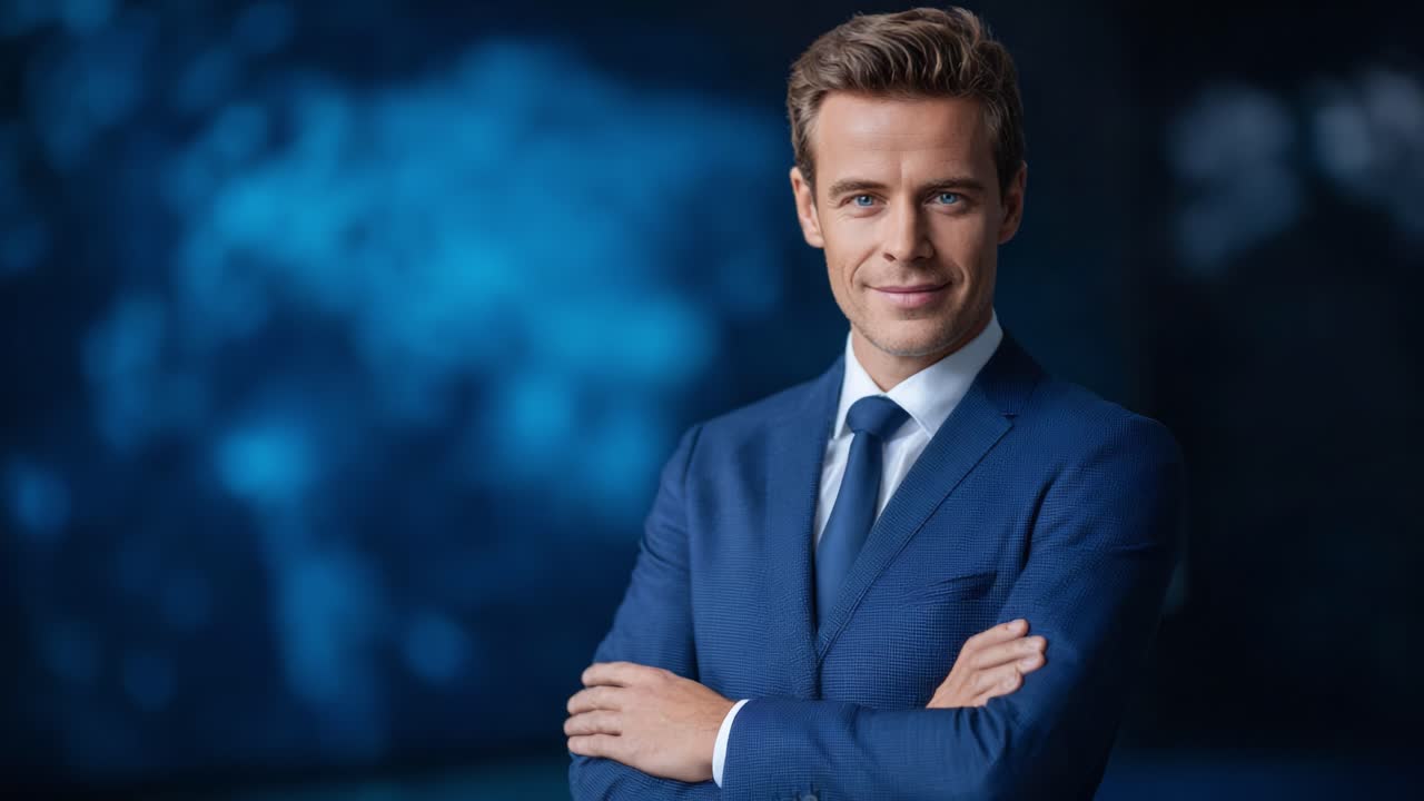 Confident Business Professional in a Blue Suit Smiling with Arms Crossed Against a Soft Focus Background, Exuding Charisma and Trustworthiness in a Modern Setting