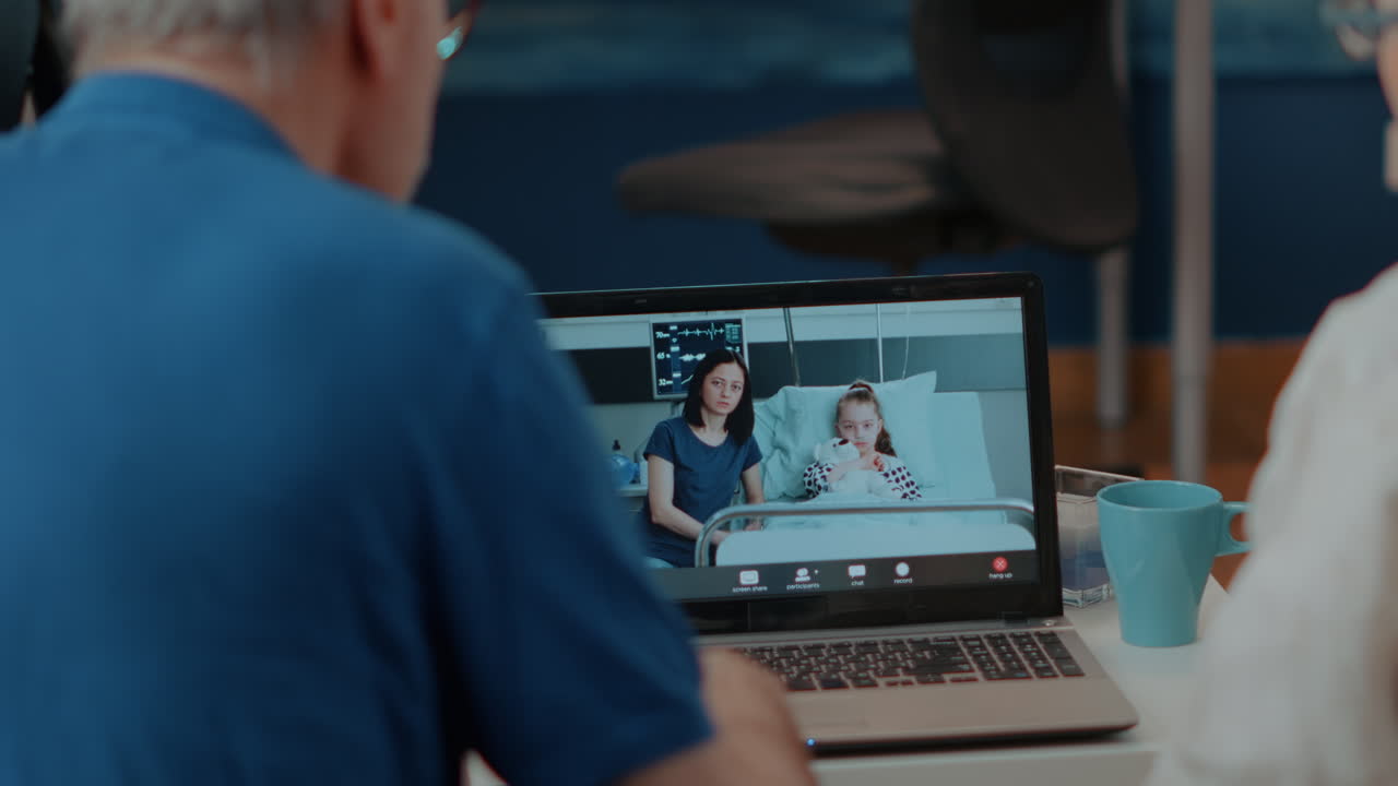 Family video call with ill child in hospital