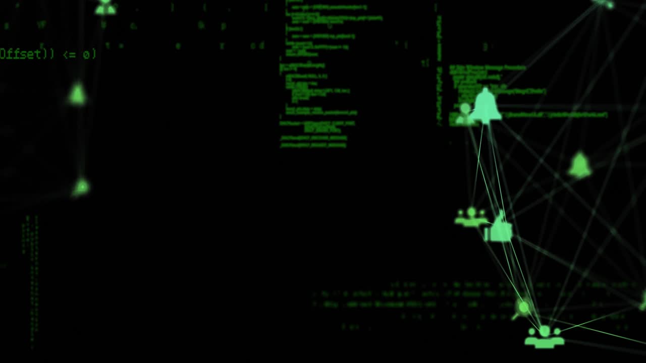 animação de processamento de dados e ícones de mídia em fundo preto