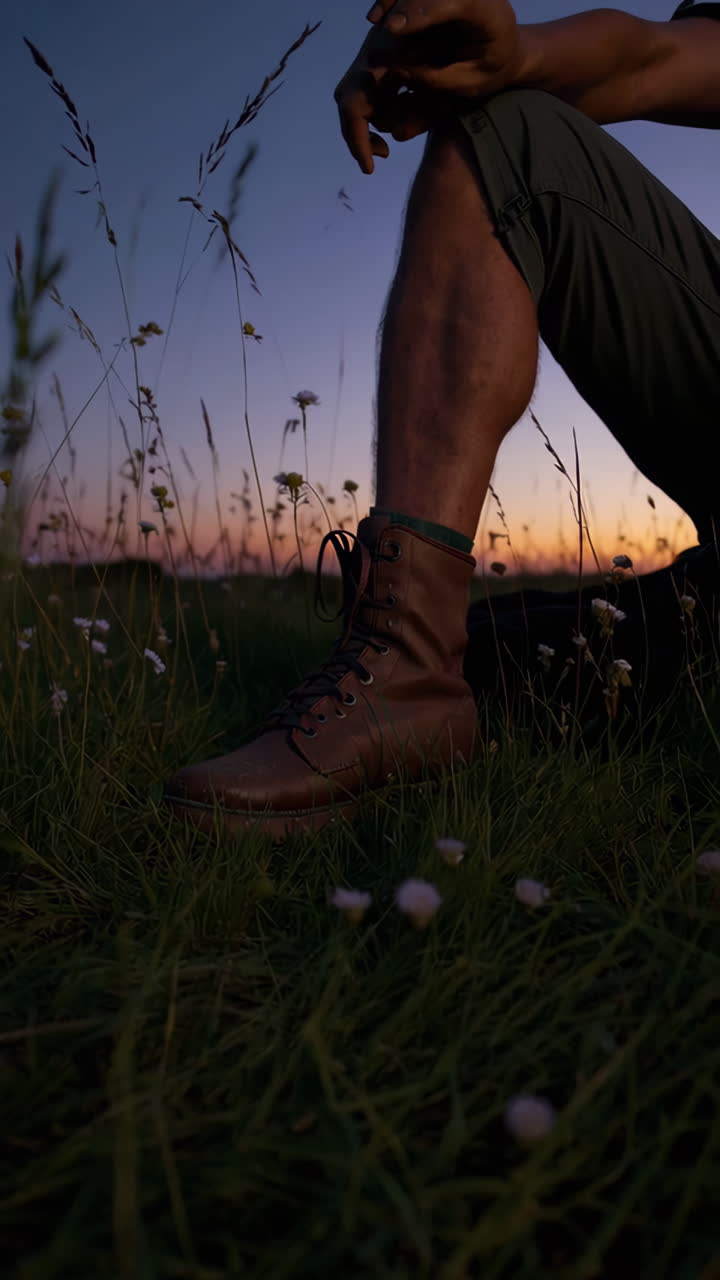 Person in Boots Sitting in a Grassy Field at Sunset