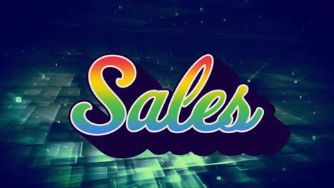 stylized sales word being displayed over neon grid backdrop featuring rainbow fill, floating digits